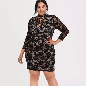 Black Lace Mock Neck Shift Dress